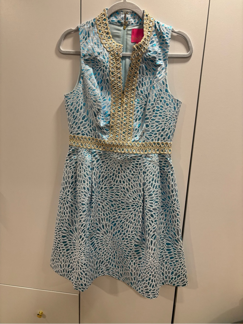 Lilly Pulitzer Aqua and White Sleeveless Jacquard Midi Dress with Gold Trim